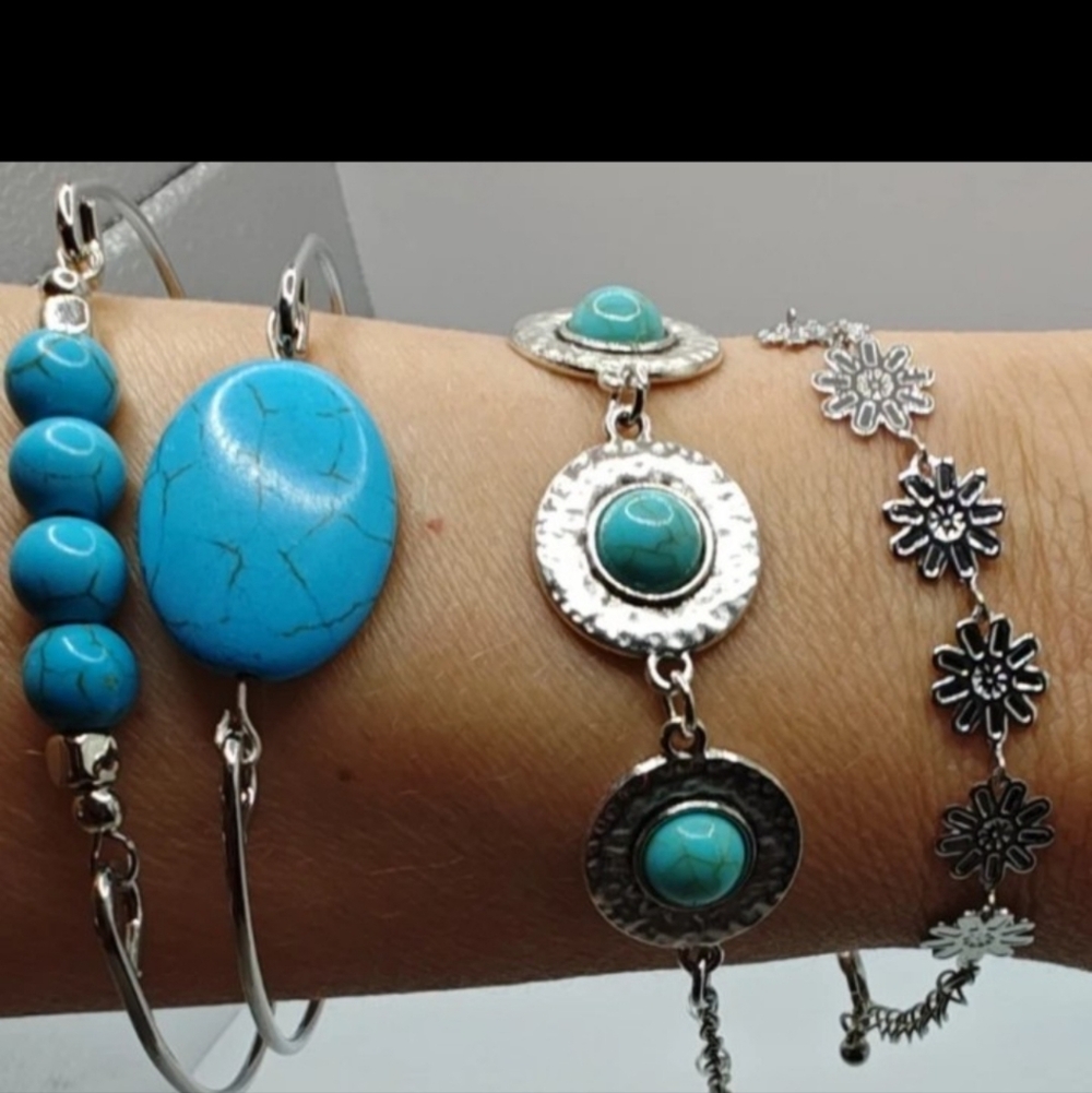 Turquoise/ Silver-Tone‎ Bracelet Set - Women Jewelry